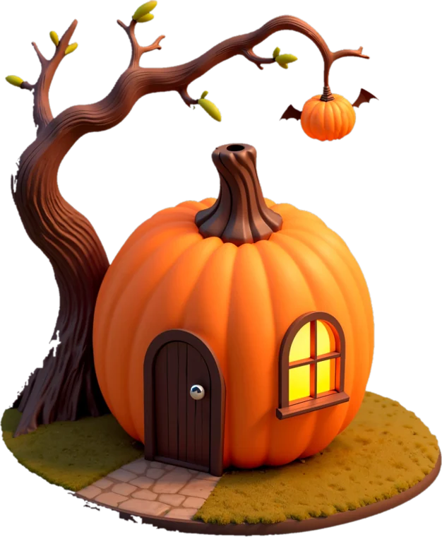 A cute 3D pumpkin house with a glowing window under a twisted tree